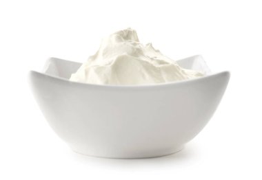 Bowl of tasty cream cheese isolated on white background