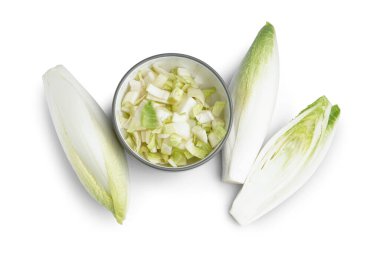 Bowl of cut endive on white background