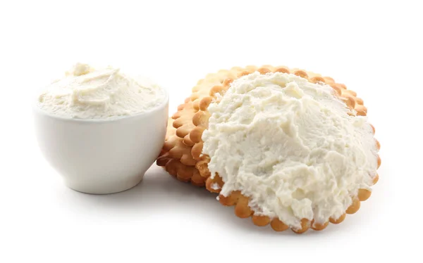 Crackers Tasty Cream Cheese Isolated White Background — Stock Photo, Image