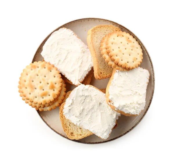 Plate Bread Rusks Crackers Cream Cheese White Background — Stock Photo, Image