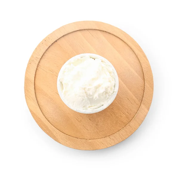 Wooden Board Bowl Tasty Cream Cheese White Background — Stock Photo, Image