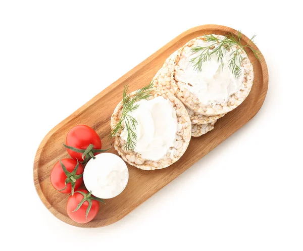木木板 有美味的脆面包 一碗奶油芝士和西红柿 白色背景 — 图库照片