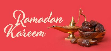 Greeting card for Ramadan celebration with Aladdin lamp of wishes and tasty dates