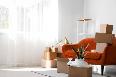 Cardboard boxes with red sofa in living room on moving day