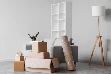 Cardboard boxes with grey sofa and lamp in living room on moving day