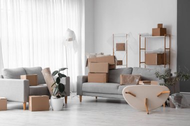Cardboard boxes with sofas in living room on moving day
