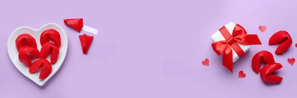 Banner Valentine Day Fortune Cookies Gift Lilac Background — Stockfoto