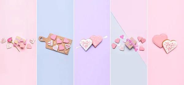 Collage Delicious Heart Shaped Cookies Color Background Valentine Day Celebration — 스톡 사진