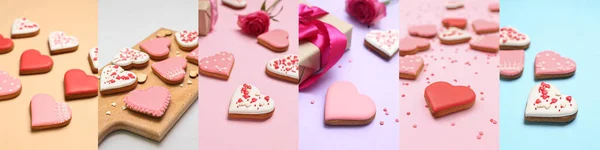 Collage Delicious Heart Shaped Cookies Color Background Closeup Valentine Day — Photo