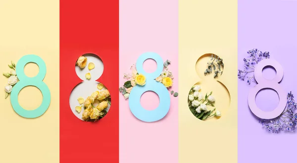 Collage Beautiful Flowers Figure International Women Day Colorful Background — 스톡 사진