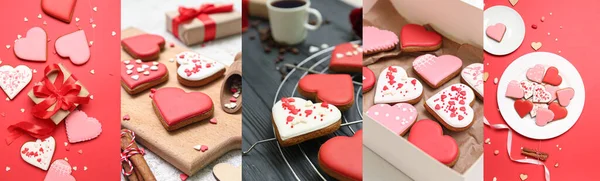 Collage Delicious Heart Shaped Cookies Valentine Day Celebration — Stock Photo, Image