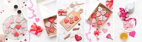 Collage Delicious Heart Shaped Cookies Light Background Valentine Day Celebration — 스톡 사진