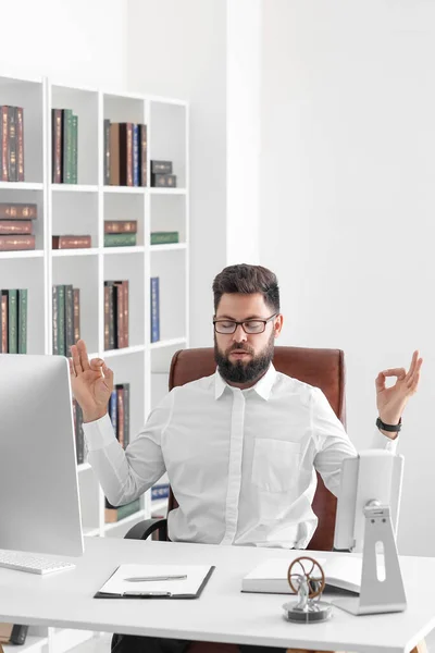 Handsome Young Man Meditating Table Office — Stock Photo, Image