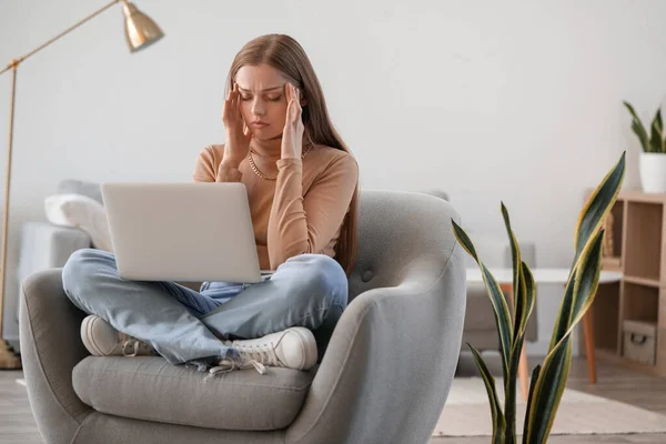 Stressed Young Woman Video Chatting Psychologist Laptop Home — Stock Photo, Image