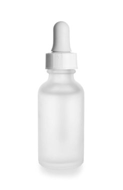 Glass bottle of natural serum on white background
