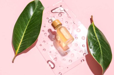 Composition with bottle of serum and plant leaves on pink background