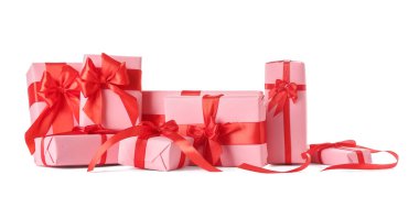 Stack of beautiful gifts on white background. Valentine's Day celebration