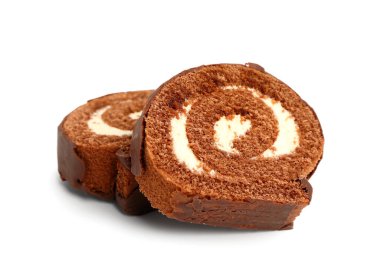 Pieces of tasty sponge cake roll isolated on white background