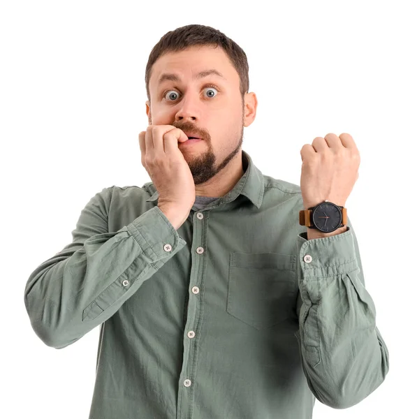 Handsome Man Wristwatch Biting Nails White Background — Stock Photo, Image