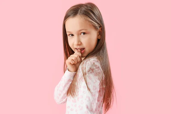 Little Girl Biting Nails Pink Background — Stock Photo, Image