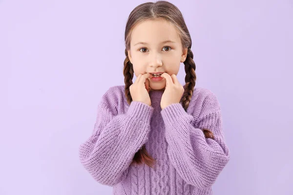 Little Girl Biting Nails Lilac Background Closeup — Stock Photo, Image