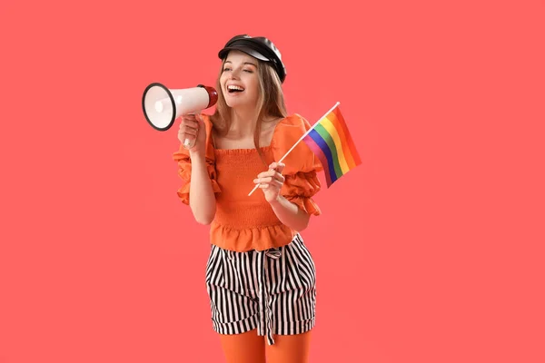 Beautiful Young Woman Lgbt Flag Shouting Megaphone Red Background — Stock Photo, Image