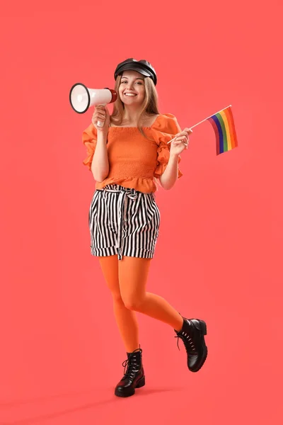 Beautiful Young Woman Hat Lgbt Flag Megaphone Red Background — Stock Photo, Image