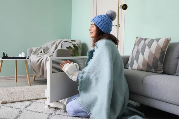 Frozen Young Woman Plaid Warming Radiator Home — Stock Photo, Image