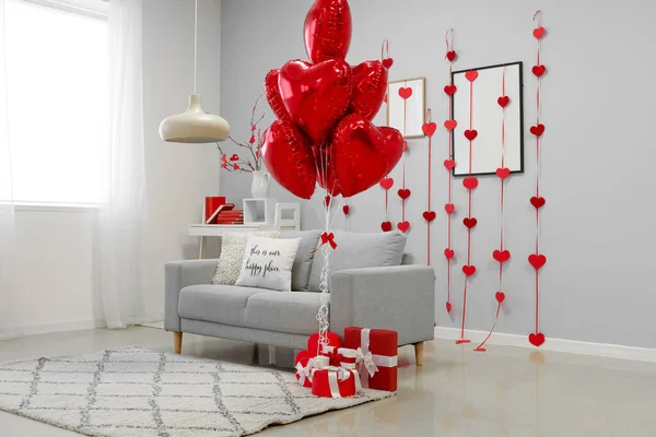 Interior Living Room Decorated Valentine Day Balloons Sofa Gifts — Stock Photo, Image