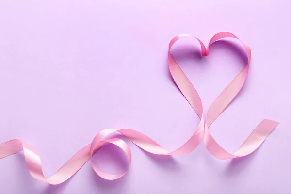 Heart Made Pink Ribbon Lilac Background Valentine Day Celebration — Stock Fotó