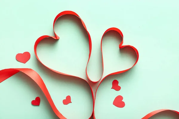 Red Ribbon Hearts Green Background Valentine Day Celebration — Stock Fotó