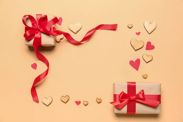 Рамка Подарочных Коробок Декора Цветном Фоне Празднование Дня Святого Валентина — стоковое фото