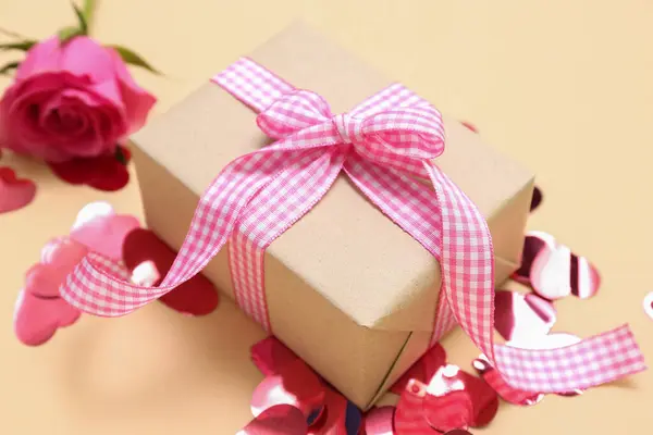 Gift Box Confetti Color Background Closeup Valentine Day Celebration — Photo