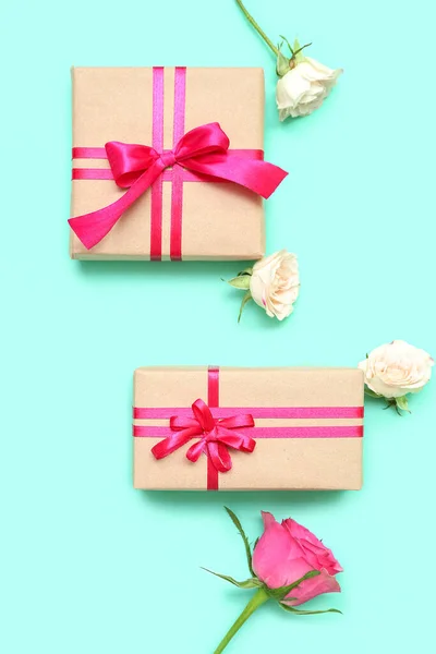 Composition Gift Boxes Rose Flowers Color Background Valentine Day Celebration — Stock Photo, Image