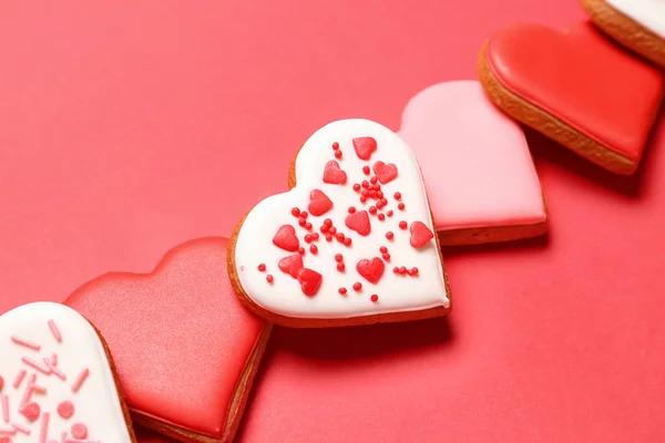 Sweet Heart Shaped Cookies Red Background Closeup Valentine Day Celebration — Photo