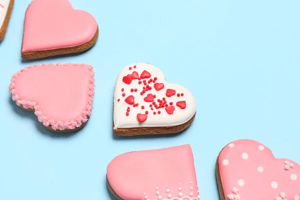 Composition Delicious Heart Shaped Cookies Color Background Closeup Valentine Day — Stockfoto