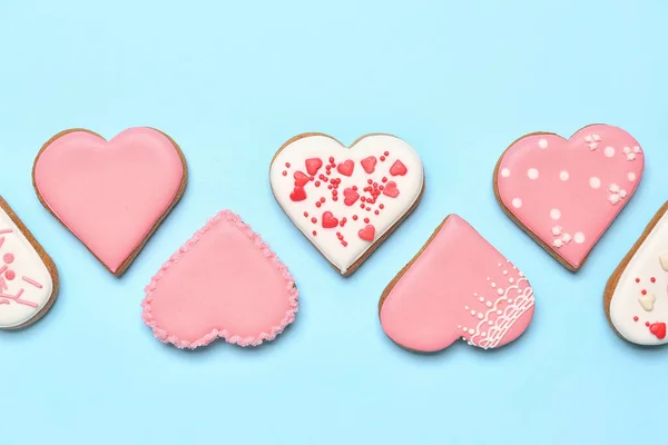 Composition Delicious Heart Shaped Cookies Color Background Valentine Day Celebration — Photo
