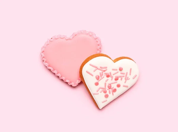 Delicious Heart Shaped Cookies Pink Background Valentine Day Celebration — Photo