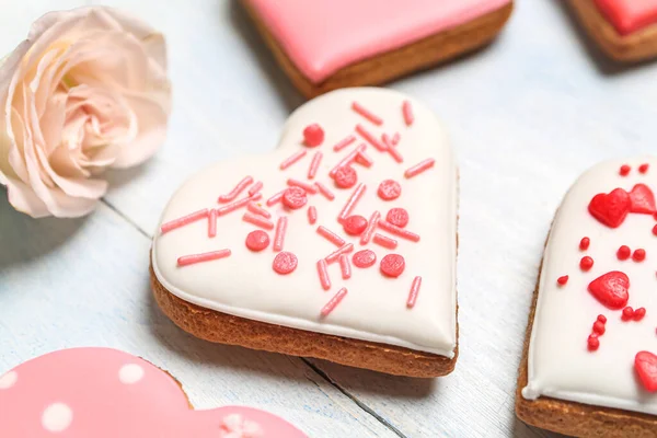 Tasty Heart Shaped Cookies Light Wooden Background Closeup Valentine Day — 스톡 사진