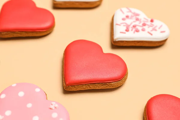 Composition Tasty Heart Shaped Cookies Color Background Closeup Valentine Day — Photo