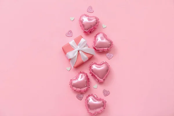 Composition Beautiful Balloons Gift Box Pink Background Valentine Day Celebration — 스톡 사진