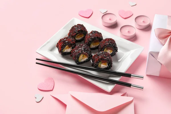 Plate Sushi Rolls Chopsticks Candles Hearts Pink Background Valentine Day — Stock Photo, Image