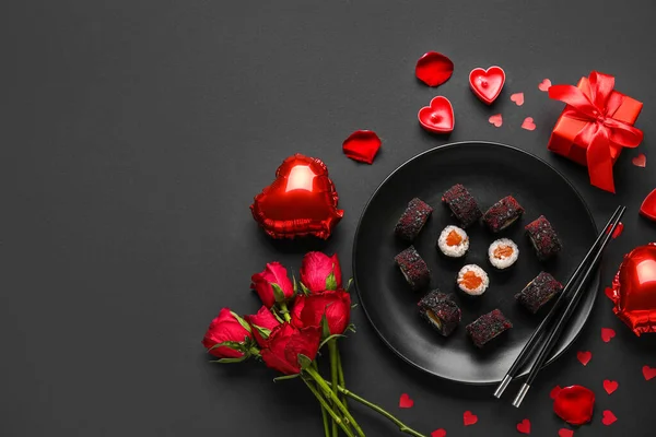 Plate Sushi Rolls Chopsticks Roses Decor Black Background Valentine Day — 스톡 사진
