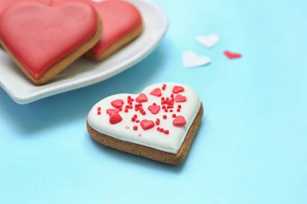 Tasty Heart Shaped Cookie Color Background Valentine Day Celebration — Photo