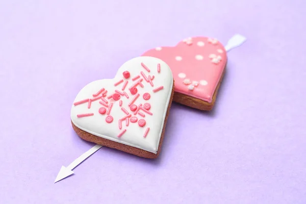 Composition Tasty Heart Shaped Cookies Paper Arrow Color Background Valentine — Photo