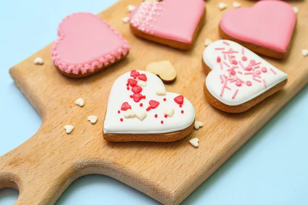 Wooden Board Tasty Heart Shaped Cookies Light Background Closeup Valentine — Photo