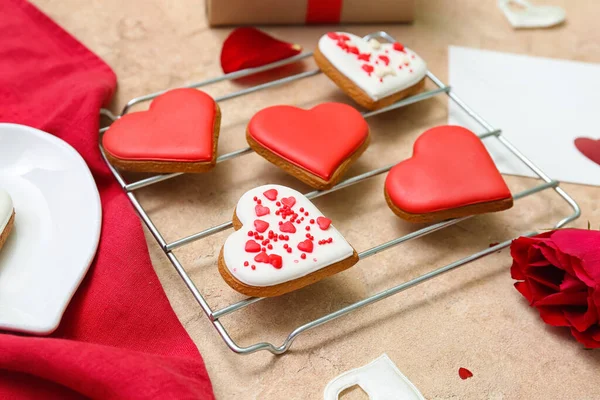 Grid Tasty Heart Shaped Cookies Color Background Closeup Valentine Day — 스톡 사진