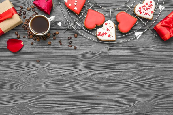 Composition Tasty Heart Shaped Cookies Gift Boxes Cup Coffee Dark — Fotografia de Stock