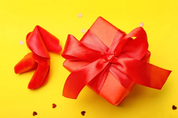 Red Fortune Cookies Gift Box Yellow Background Valentine Day Celebration — Photo