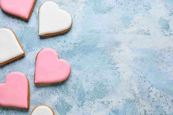 Heart Shaped Cookies Blue Grunge Background Closeup Valentines Day Celebration — Fotografia de Stock